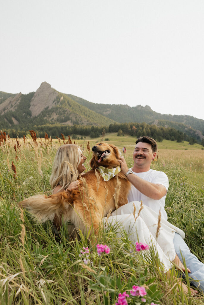 couple sitting with each other in open field at boulder with their dog