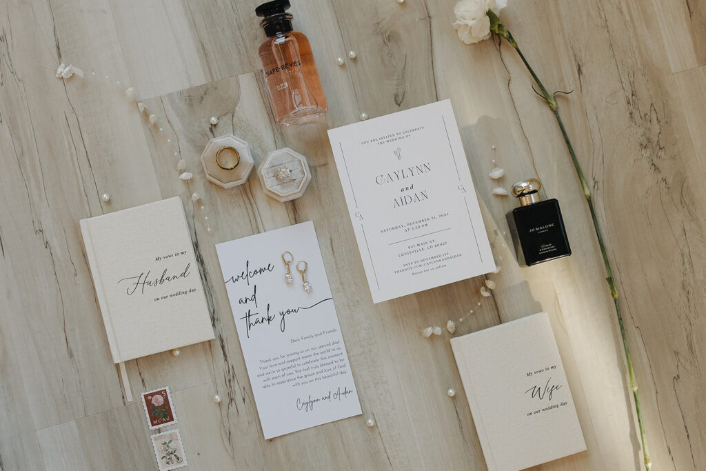 stationary and perfume flat lay in wedding day detail photos