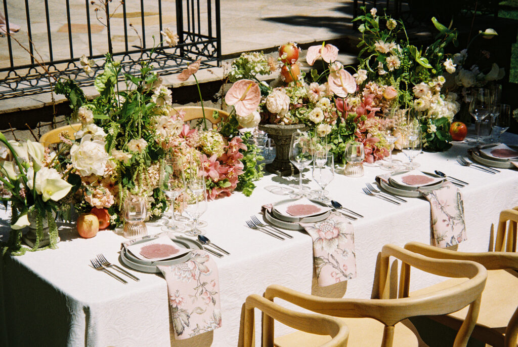 film wedding photography reception tables spring bouquets