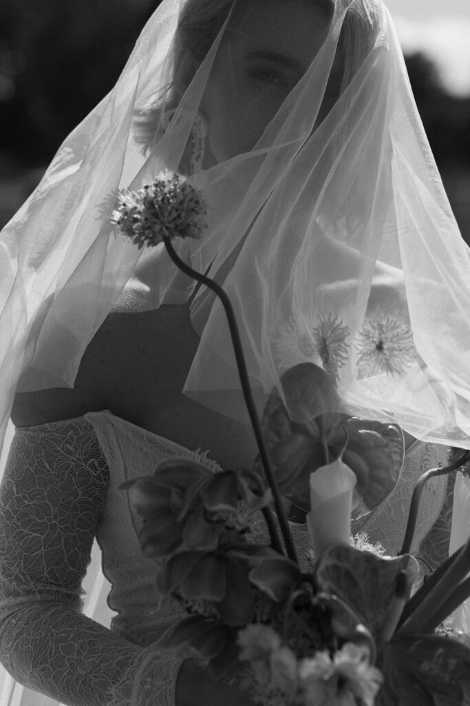 black and white bridal photos under veil