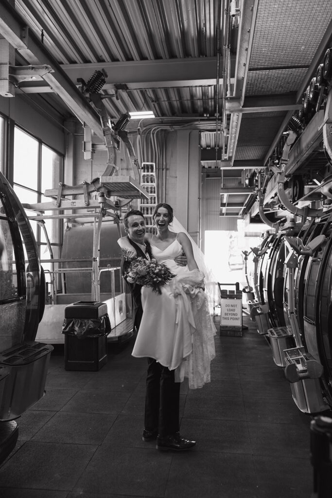 bride and groom smiling before getting on the gondola