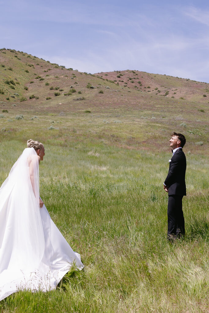 first look with bride and groom outdoor wedding photos