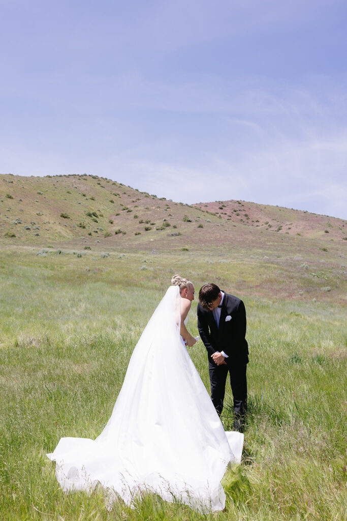 first look with bride and groom outdoor wedding photos
