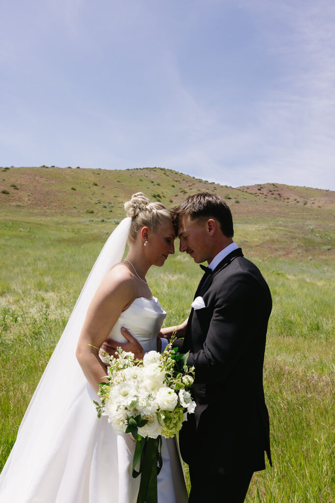 romantic wedding photos of the bride and groom with a mountain backdrop in boise idaho